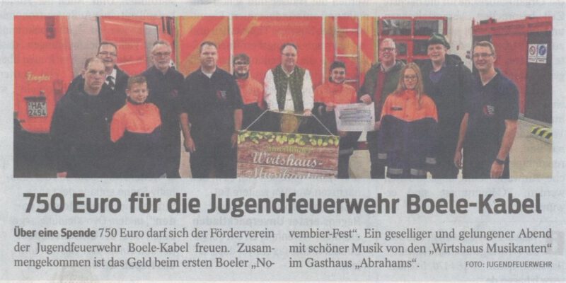 750 Euro für die Jugendfeuerwehr Boele-Kabel